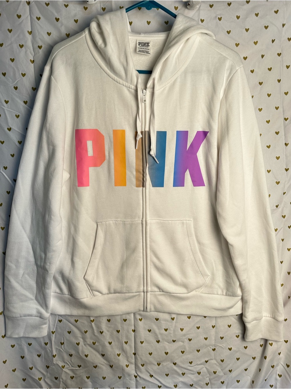 PINK Victoria's Secret White Zip-Up Hoodie with Multicolor Block Letters